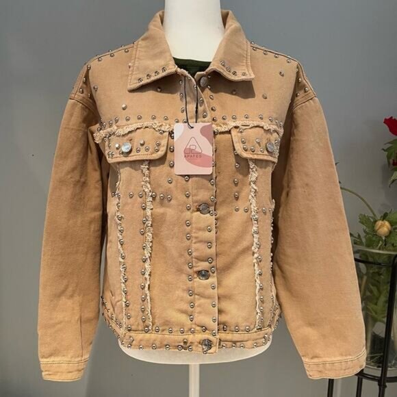 NEW APA Denim Studded Boyfriend Frayed Trucker Oversized Utility Jacket Khaki … - Picture 1 of 11